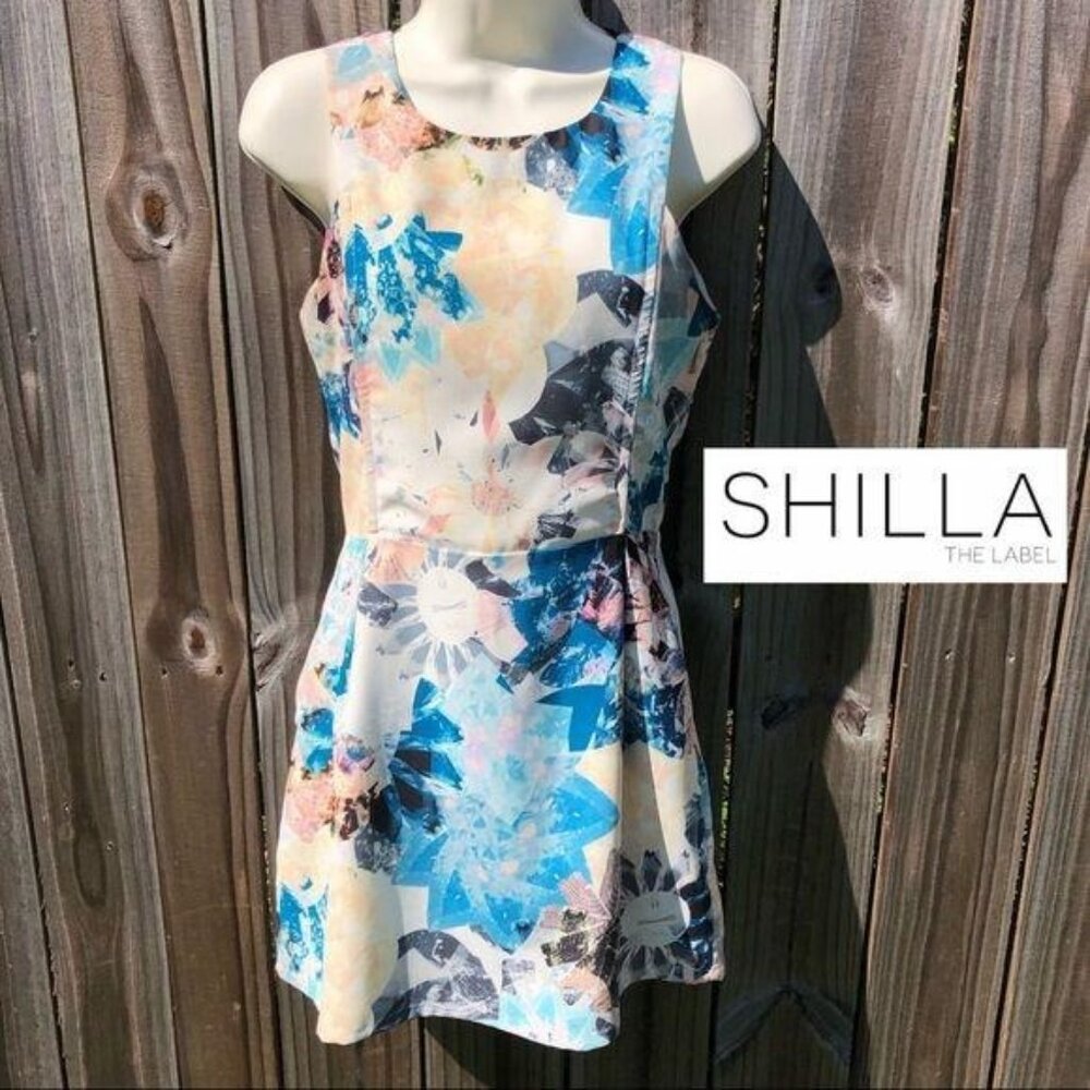 Shilla XS Revolve Mini Dress Blue Floral Sleeveless White Zip